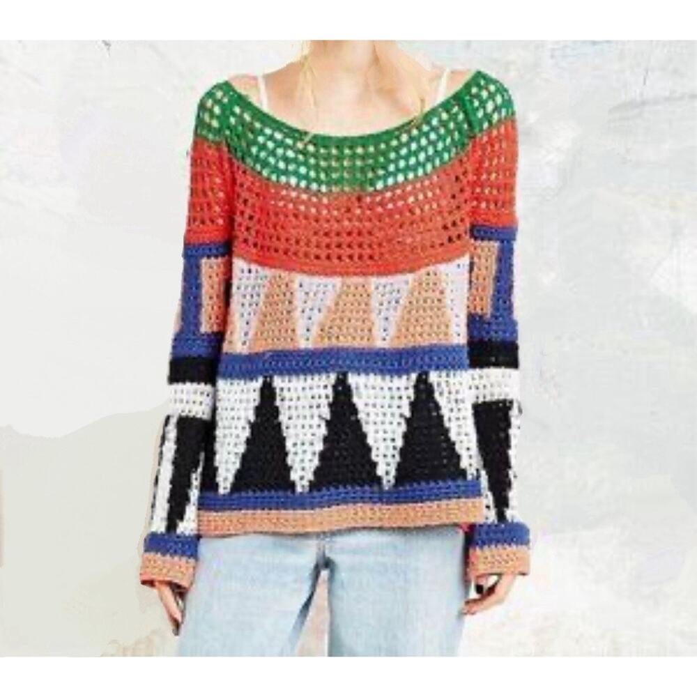 Young Threads Women’s M Open Crochet Whimsical Geometric Sweater Boho Beach